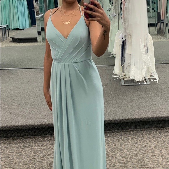 women's dark green dresses Dusty Sage Lace-Up Deep V Neck Ruffled Empire Long Bridesmaid Dress main image 1